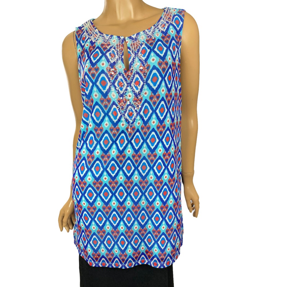 Inc. International Concepts Sz XL Sleeveless Tunic Top Blue & Red Diamond Design